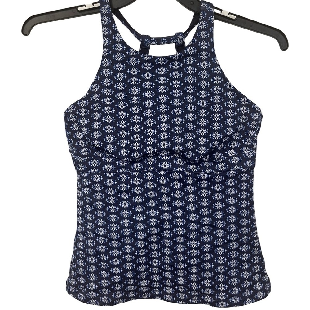 Athleta Tangier High Neck Tankini Swim Top Blue White Medallion Size 36 B/C